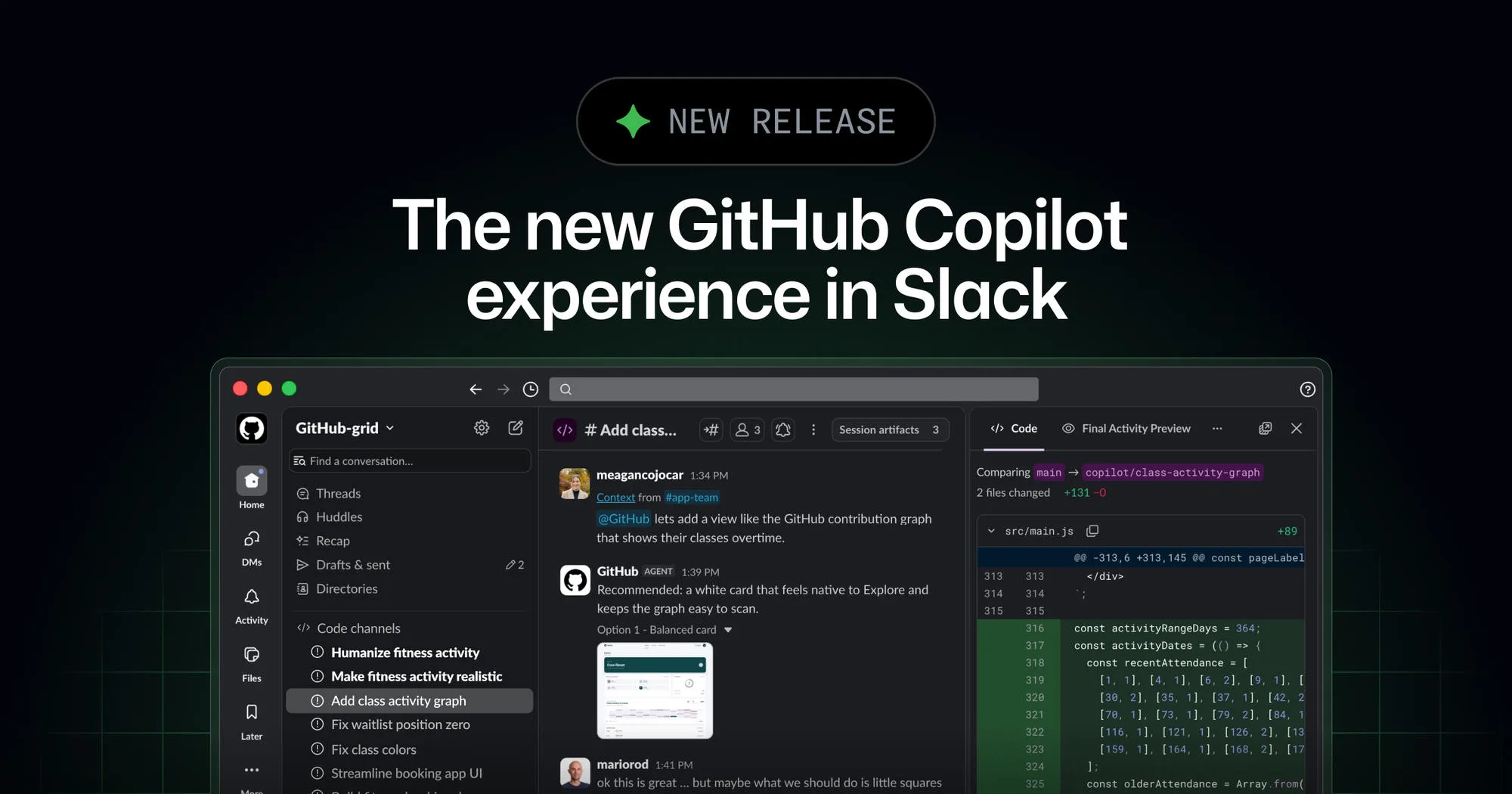 Screenshot of the GitHub Copilot panel inside Slack, under the heading "The new GitHub Copilot experience in Slack".