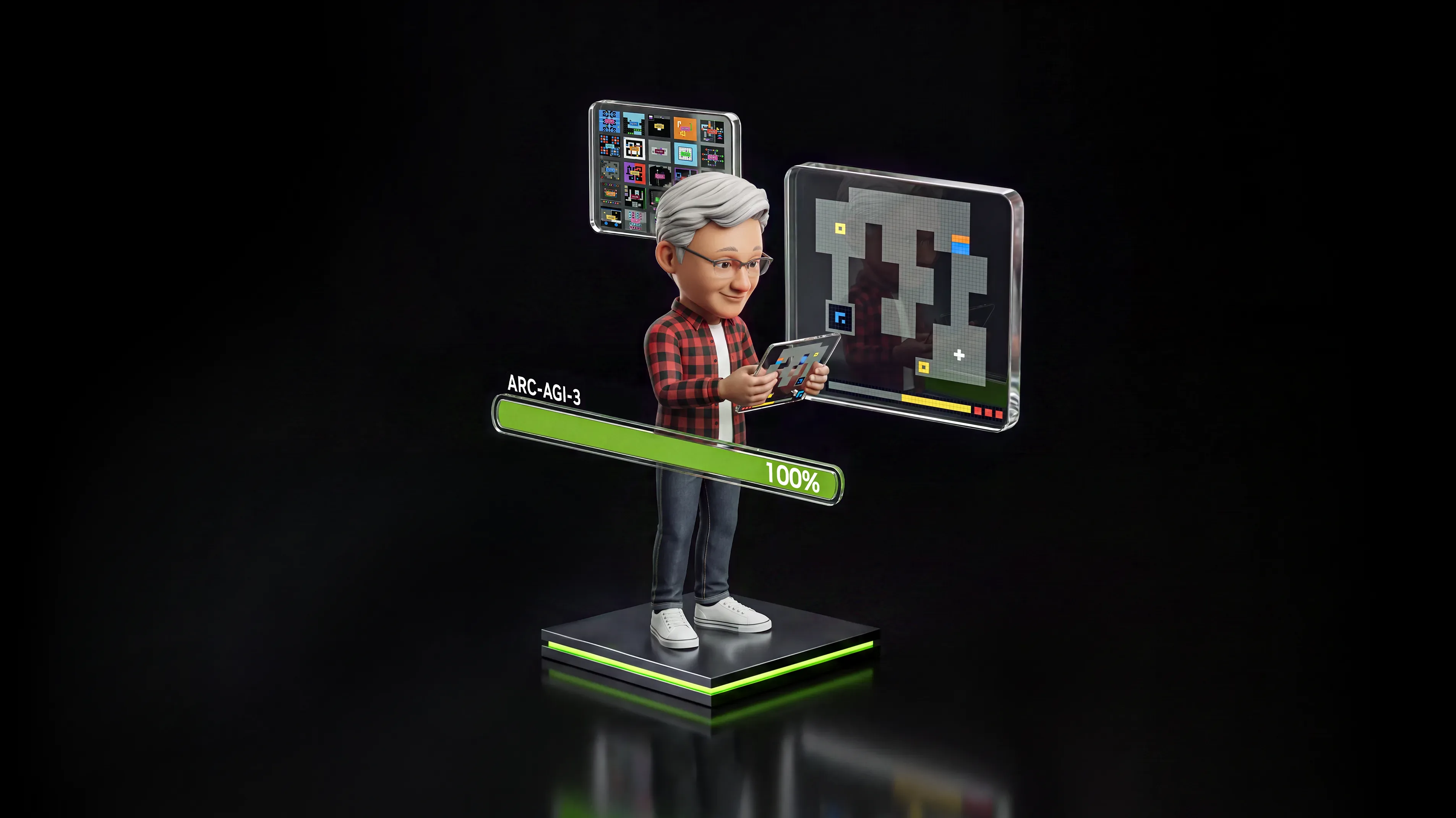 A bobblehead figure of Nvidia's chief executive holding a game screen, above a green ARC-AGI-3 progress bar filled to 100%.